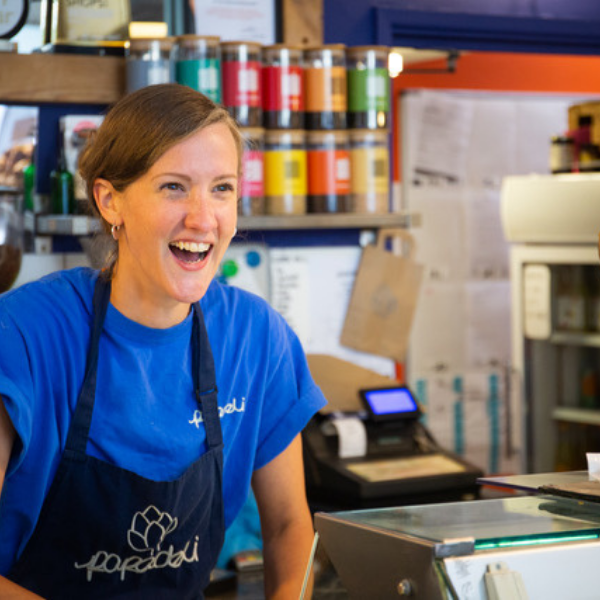 Tia in the deli laughing